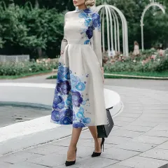 Fashionable And Elegant Long-sleeved Mid-length Dress - White Light Blue Flower - View 1