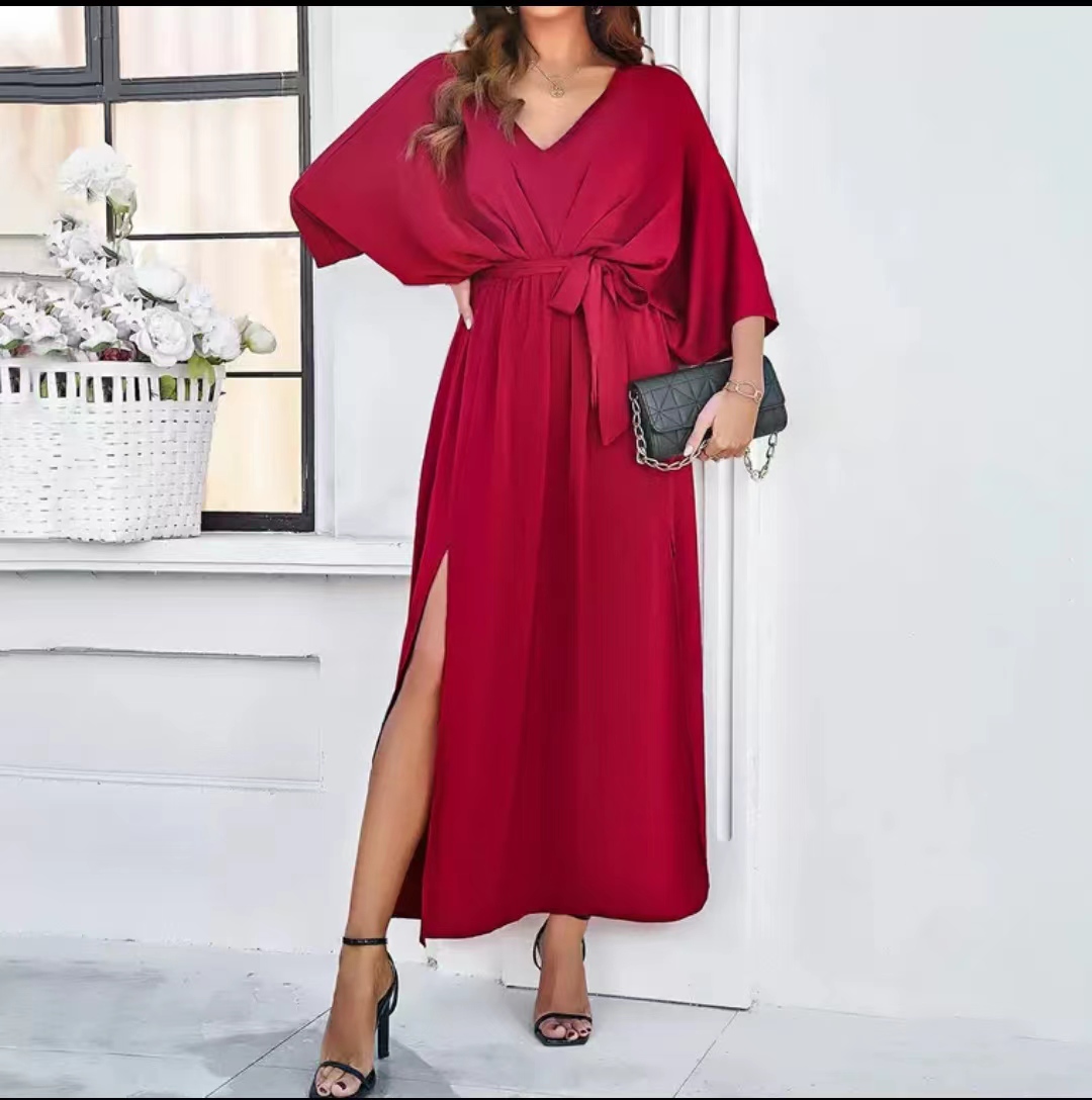 High Waisted Satin V-neck Dress With Waistband