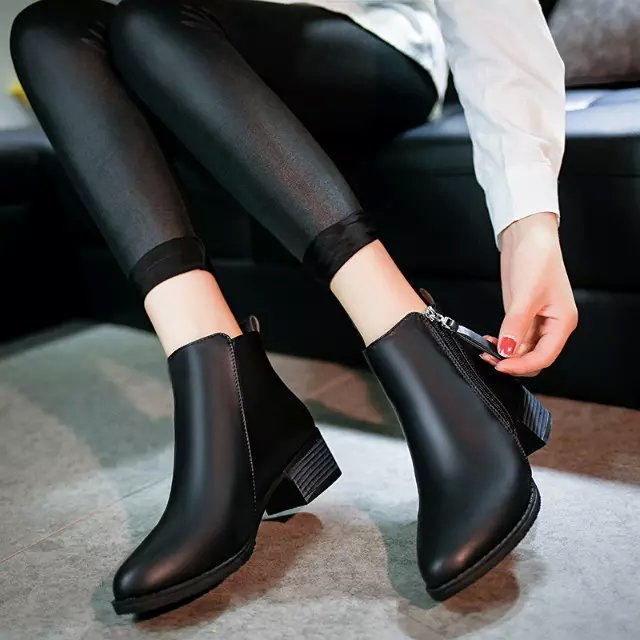 Title 1, Side zipper pointed toe block heel short boots