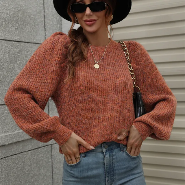 Women's Fashion Loose Patchwork Round Neck Knitted Sweater Orange - Shop at LoveMi