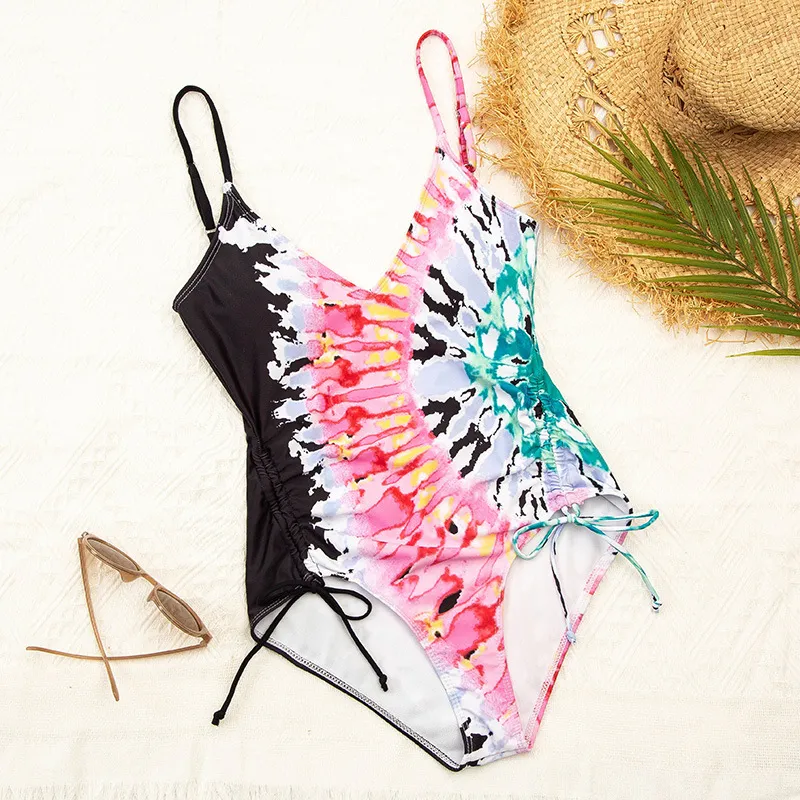 New European And American Tie-dye Suspender One-piece Swimsuit - Red