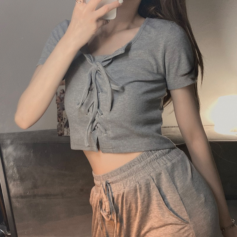 French Square Collar Drawstring Bubble Short sleeved Shirt Women Grey - Shop at LoveMi