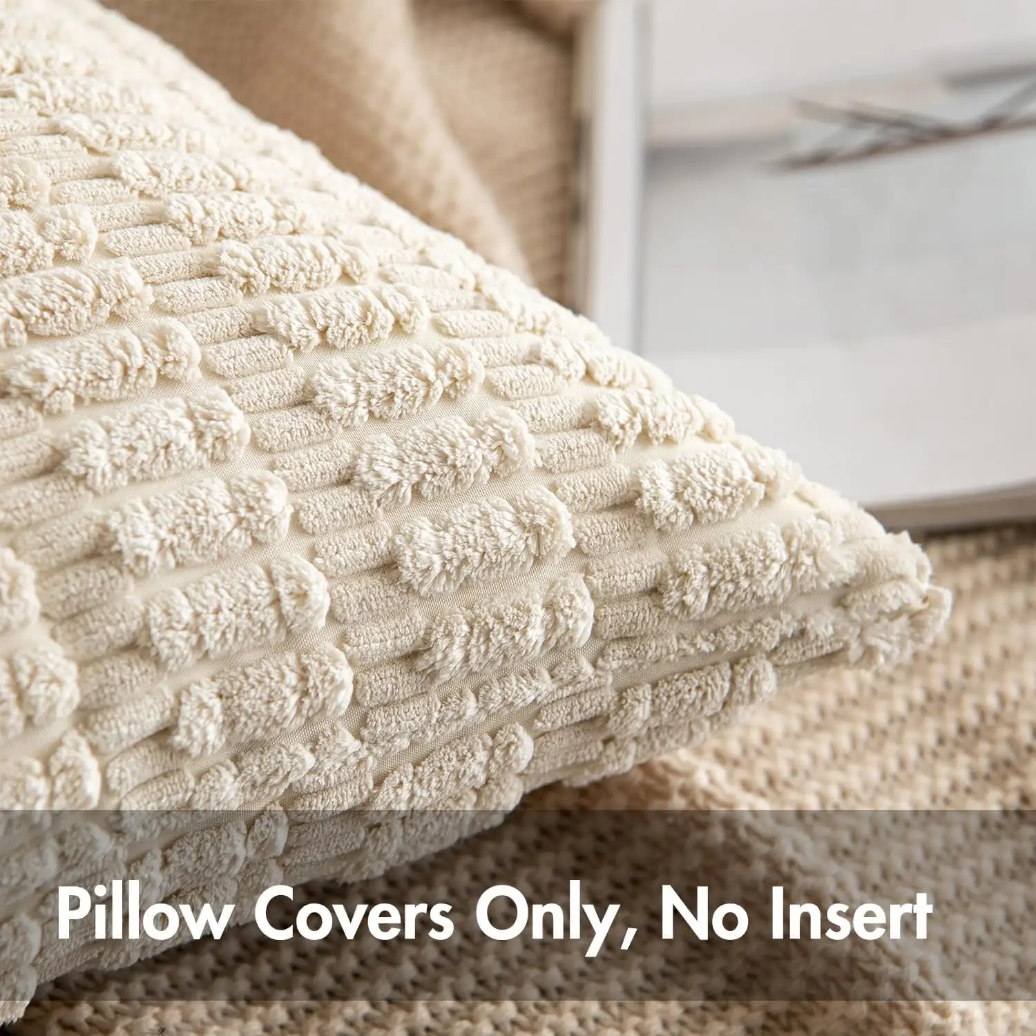 2PCS Soft Corduroy Decorative Pillow Covers 18x18 Inch, Boho Striped Cushion Cases For Sofa, Couch, Bedroom & Living Room, Cream White