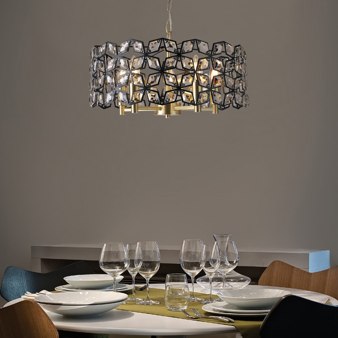 19 Geometric Crystal And BlackGold Round Pendant Chandelier - Modern 5-Light Fixture For Dining Room, Living Room, Or Kitchen Bulb Not Included_voghion.com
