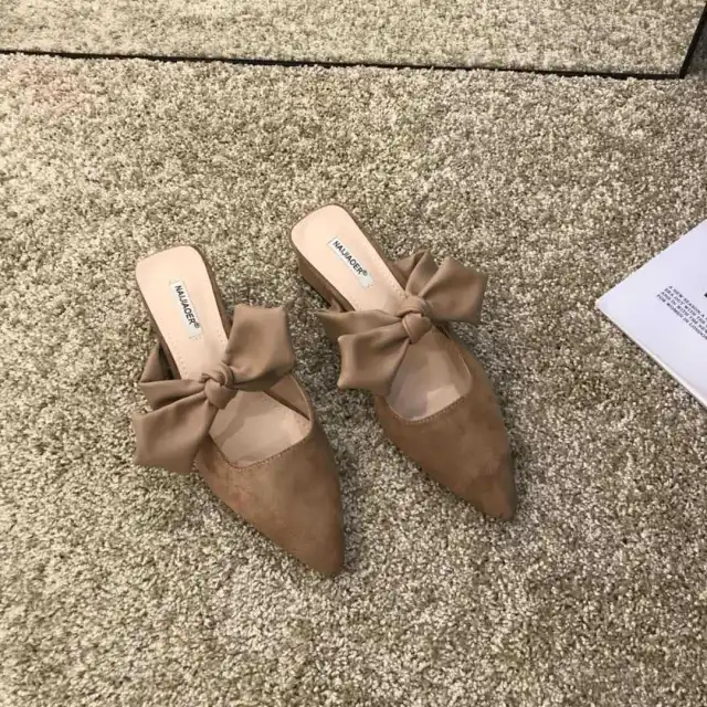 Bow knot Baotou Mid heel Half drag Thick Heel Slippers Khaki - Shop at LoveMi