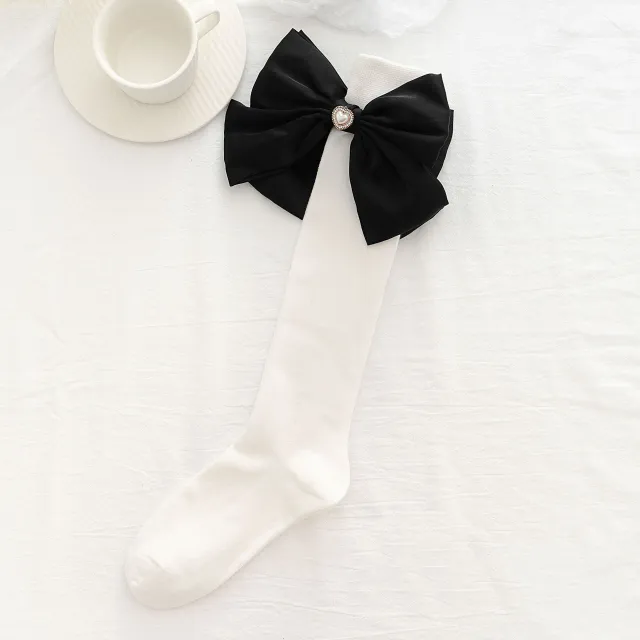 Hand designed Heavy Industry Sequined Diamond Bow High Socks White - Shop at LoveMi