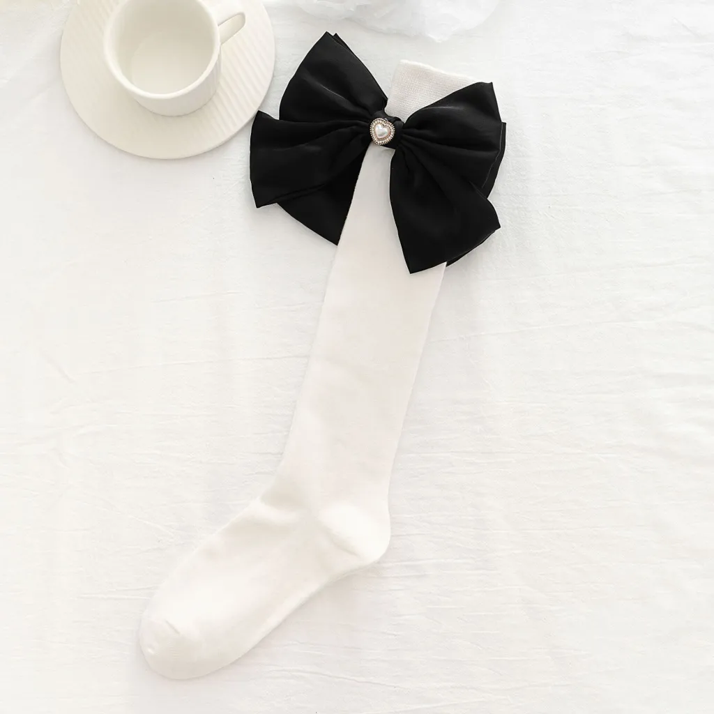 Hand-designed Heavy Industry Sequined Diamond Bow High Socks - White
