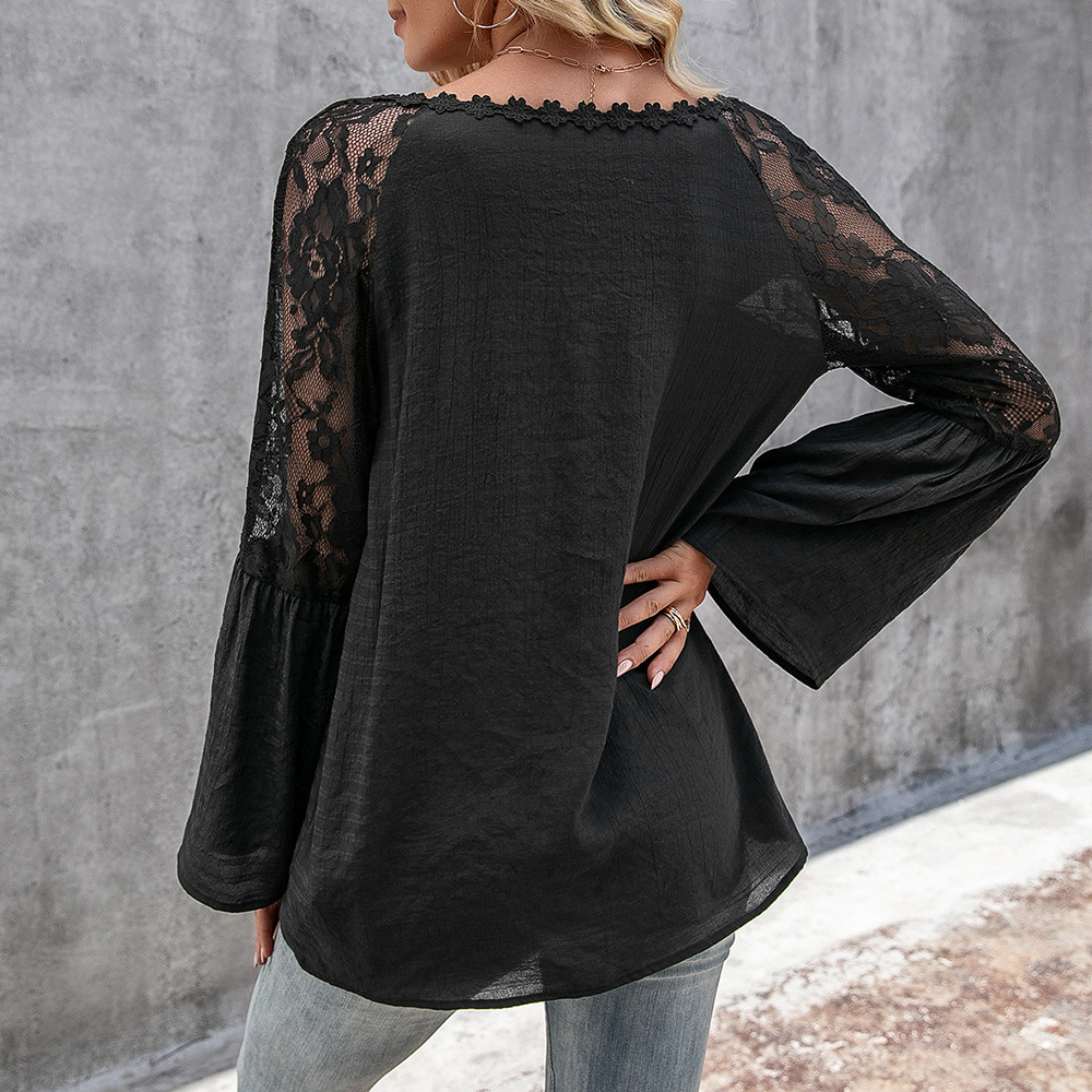 Solid Color Stitching Lace Lace Hollow V-neck Long-sleeved Top Women