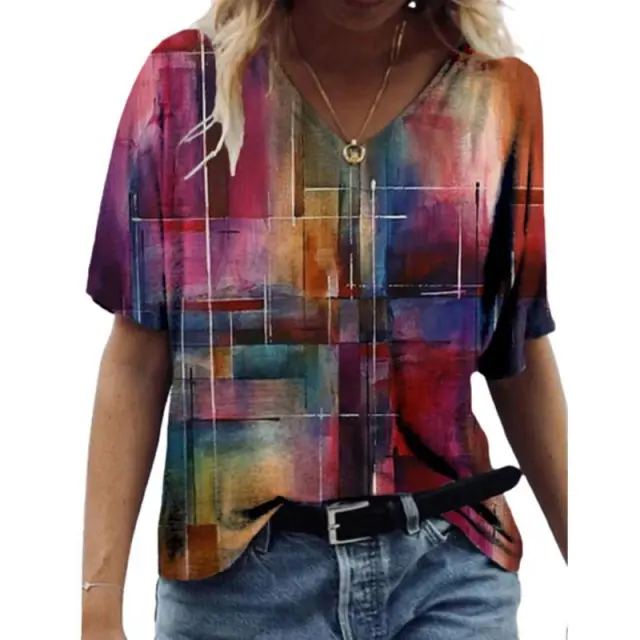 Women's New V Neck Fashion Short Sleeve Top 3D Abstract Ycx04510 Xl - Shop at LoveMi