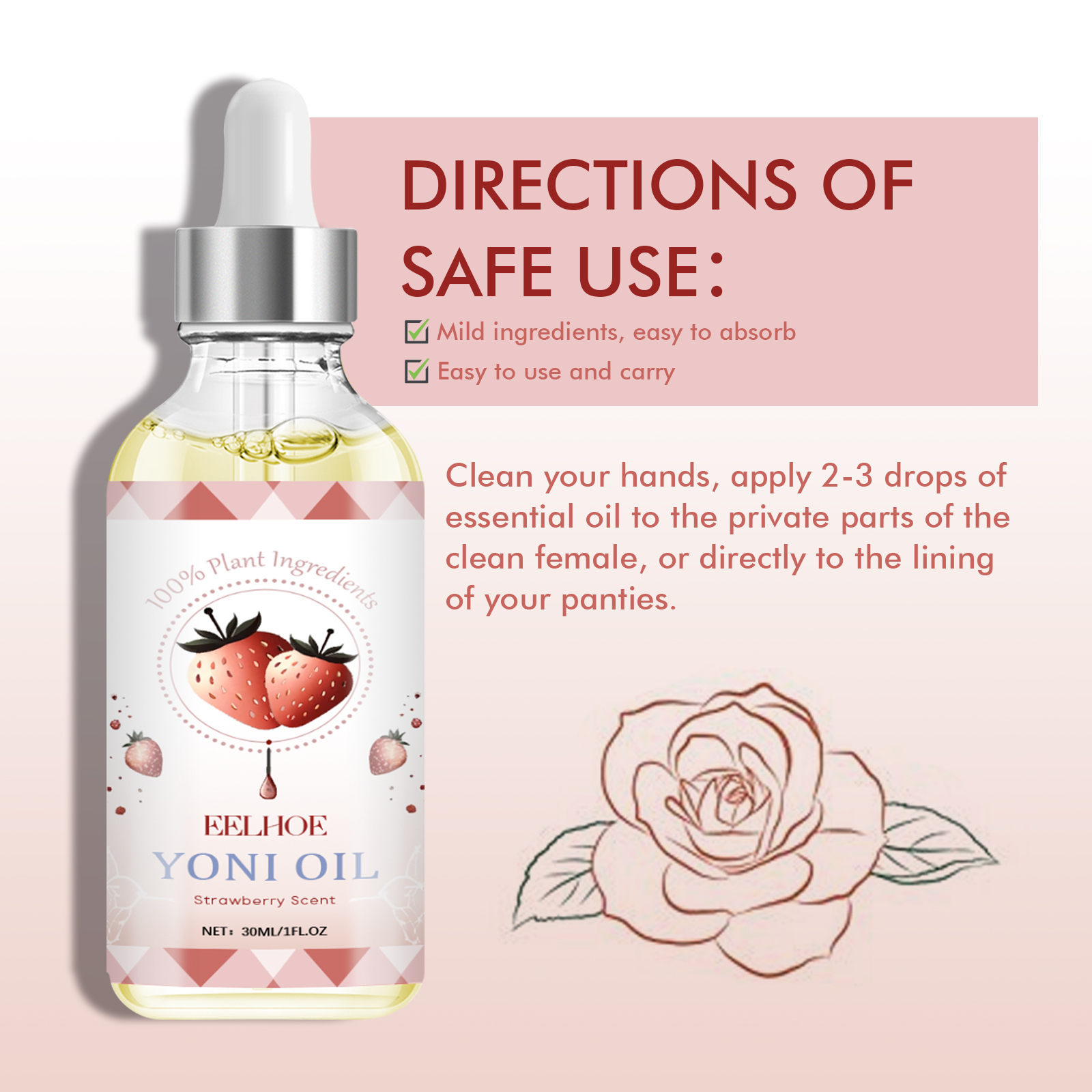 Strawberry Yoni Oil For Women, Natural Vitamin E & Strawberry Extract Feminine Care Oil, PH Balance, Odor & Itch Relief, Gentle Intimate Skin Moisturizer, 30ml