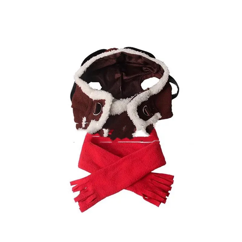 Pet Cross-dressing Red Scarf Flying Cap Set - Dark Brown