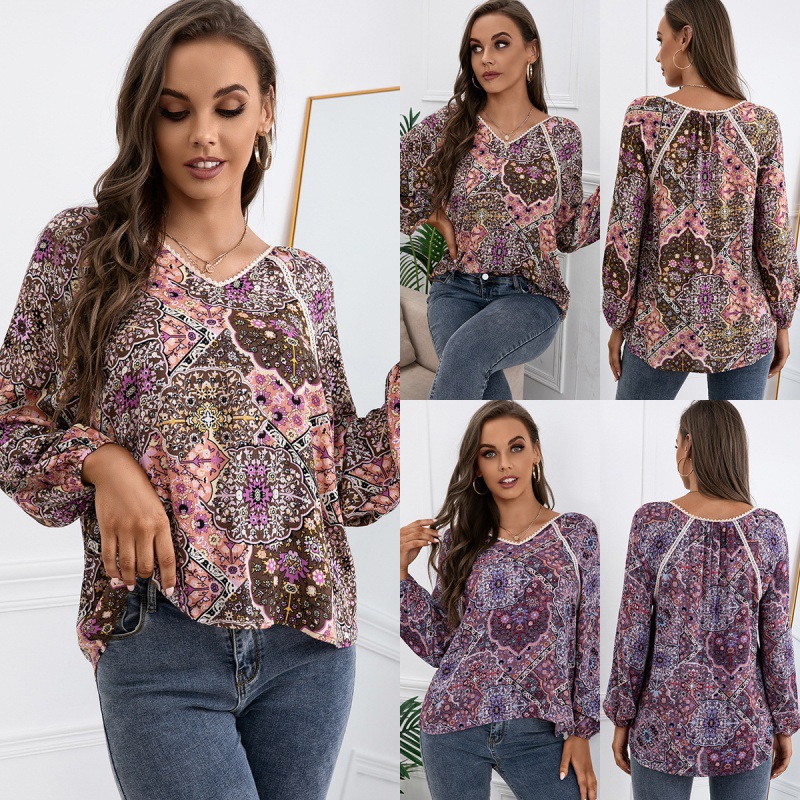 Lace Patchwork Shirt Bohemian V-Neck Long Sleeve Printed Shirt Top Women