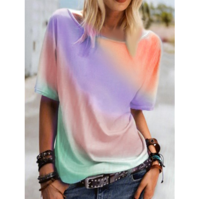 Women's Crew Neck Rainbow Print T-Shirt Loose Casual Top