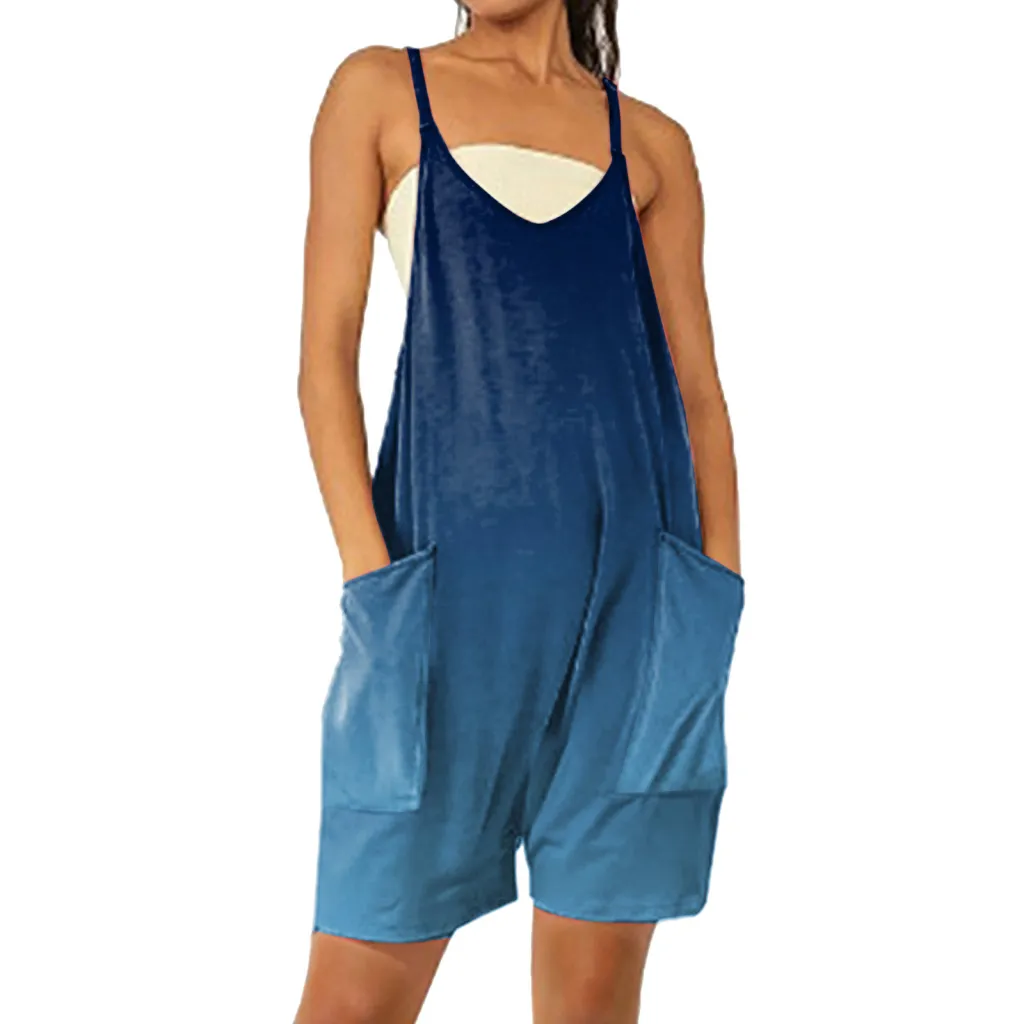 Women's Fashion Casual Printing Pocket Suspender Shorts Jumpsuit - 2Xl