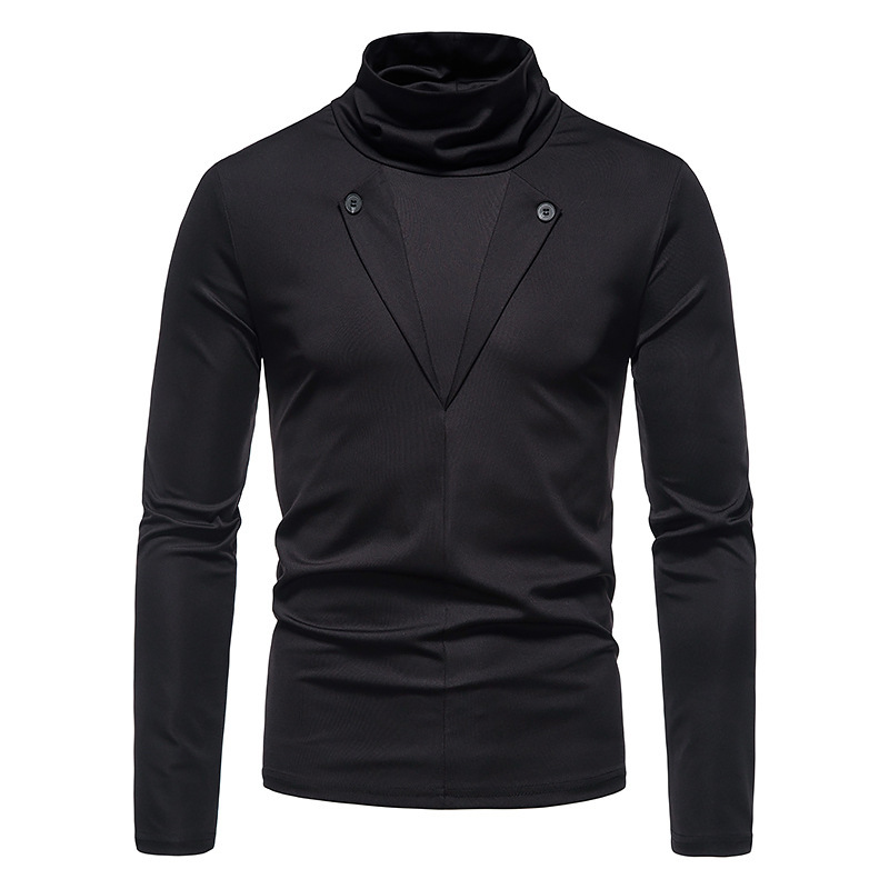 Fake Two Piece Placket Design Men's High Neck Bottoming T Shirt