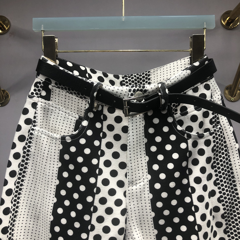 Women's Versatile Polka Dot Printed And Dyed Denim Trousers