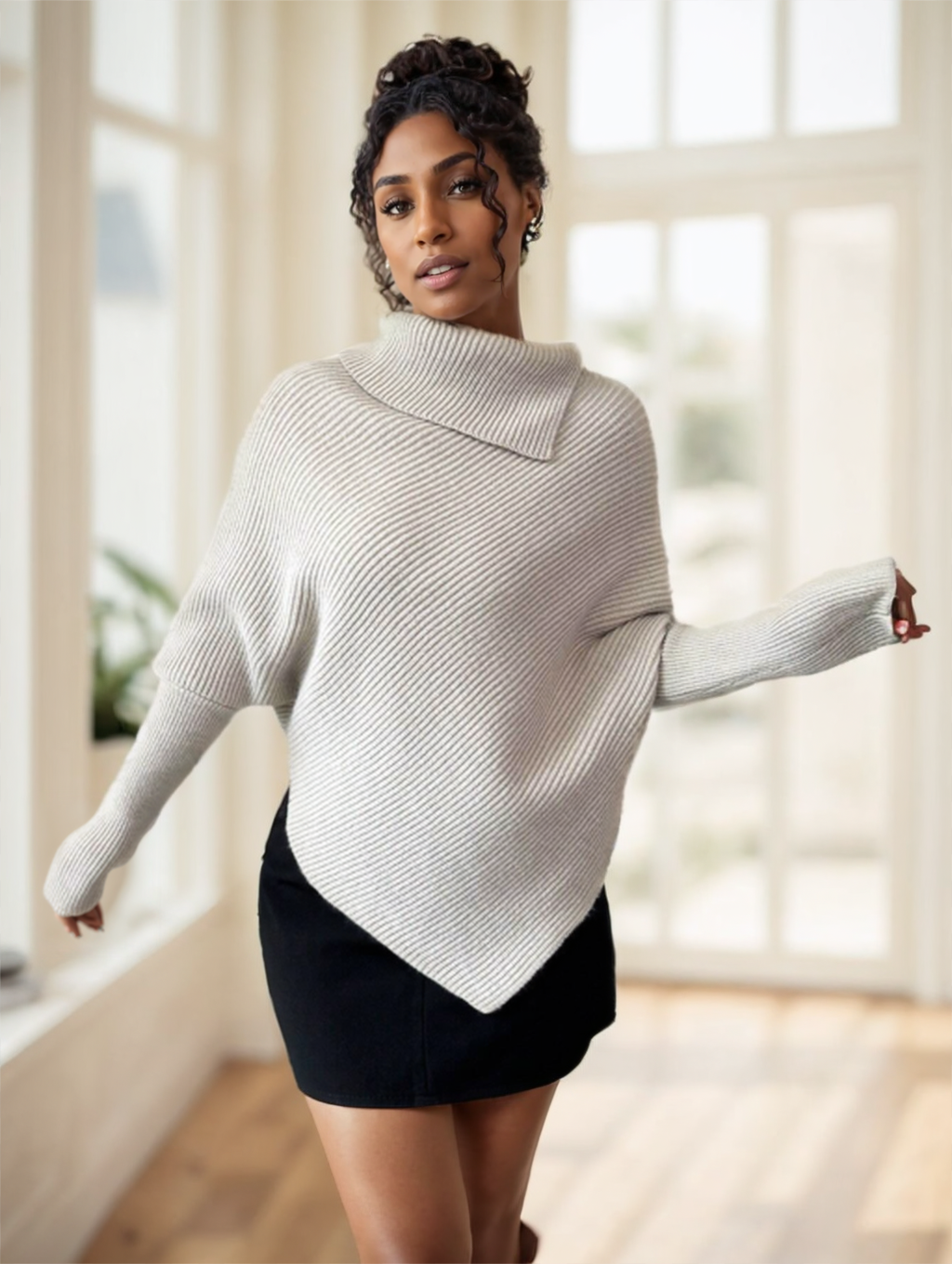 Women's Black Asymmetrical Turtleneck Sweater