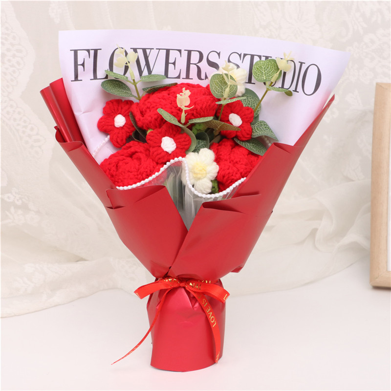 Handmade Crochet Red Rose Mixed Flower Bouquet, Knitted Everlasting Yarn Artificial Flowers, Red Wrapped Floral Arrangement Gift For Valentine's Day, Anniversar