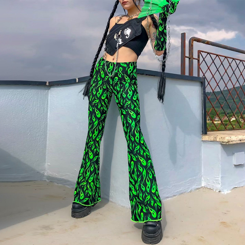 Title 5, European and American print green flared trousers