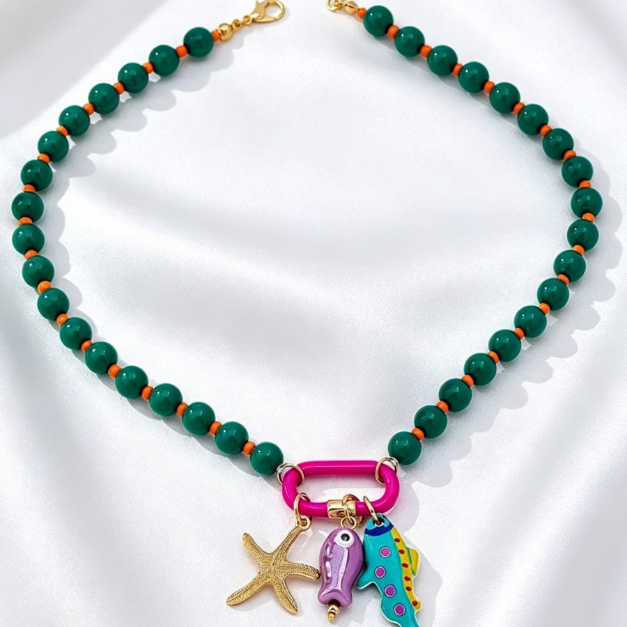 Cross-Border European American Ocean Style Necklace, Dopamine Color Geometric Beaded Chain With Starfish Design, Versatile Elegant Clavicle Neck Jewelry For Women