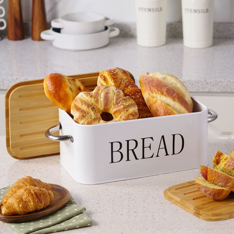 Large Bread Bin BambooMetal Bread Box Kitchen Loaf Food