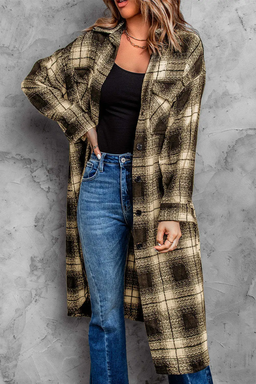 New Women's Mid-length Loose Lapel Cardigan Plaid Shirt - Khaki