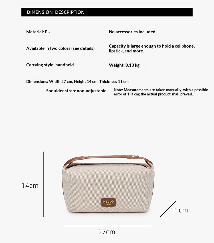 Original makeup bag size guide showing 27 cm width, 14 cm height and 11 cm depth