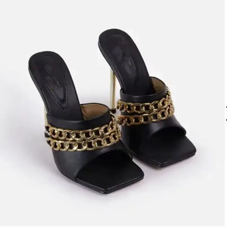 New European And American Stiletto Double Metal Chain Wish Large Size Sandals And Slippers