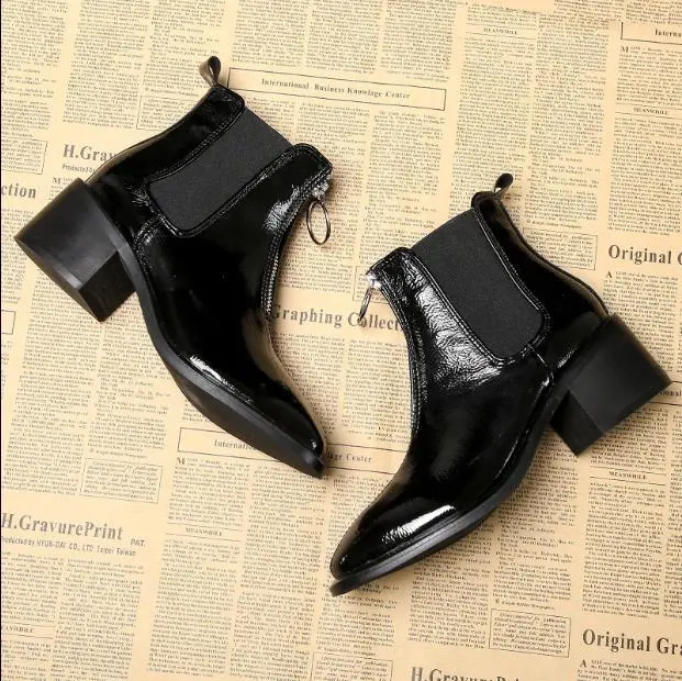 Women's Mid heel Round toe Zipper Patent Leather Thick heel Martin Boots Black - Shop at LoveMi