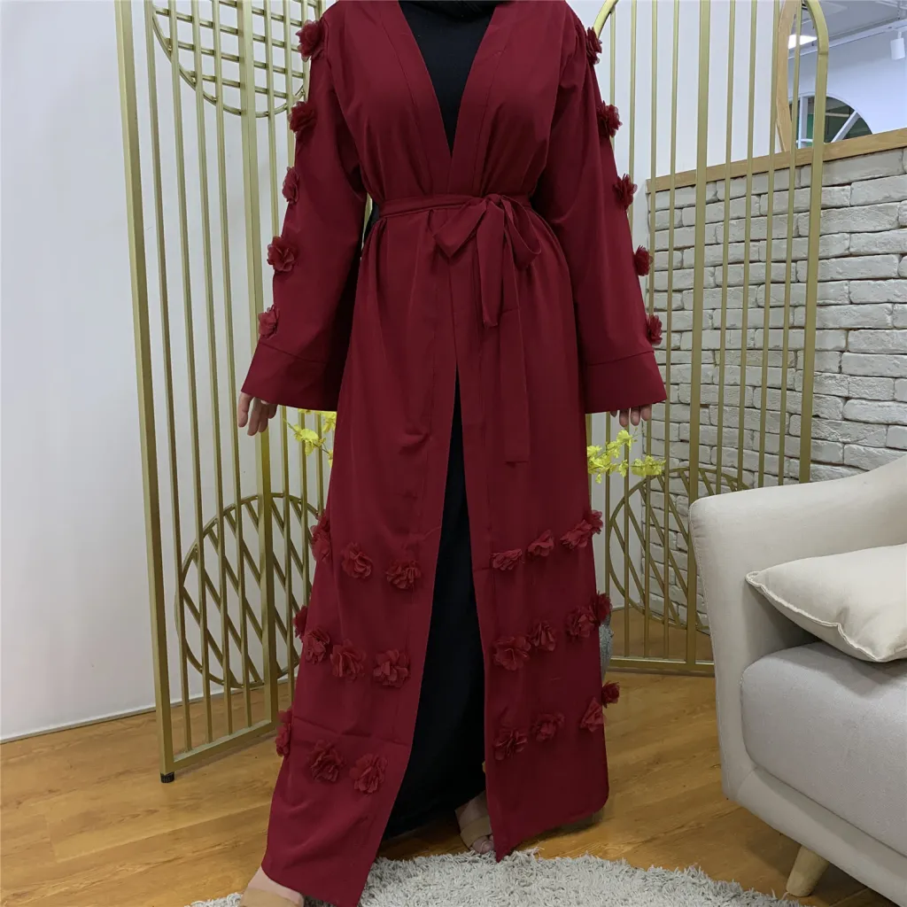Women's Loose Cardigan Three-dimensional Floral Lace Up Robe - Red