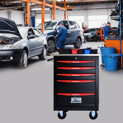 5 Drawers Multifunctional Tool Cart With Wheels,Metal Rolling Tool Cart Storage For Garage Workshop Warehouse Repair Shop--With Stainless Steel Roof- BLACK RED - Image 3