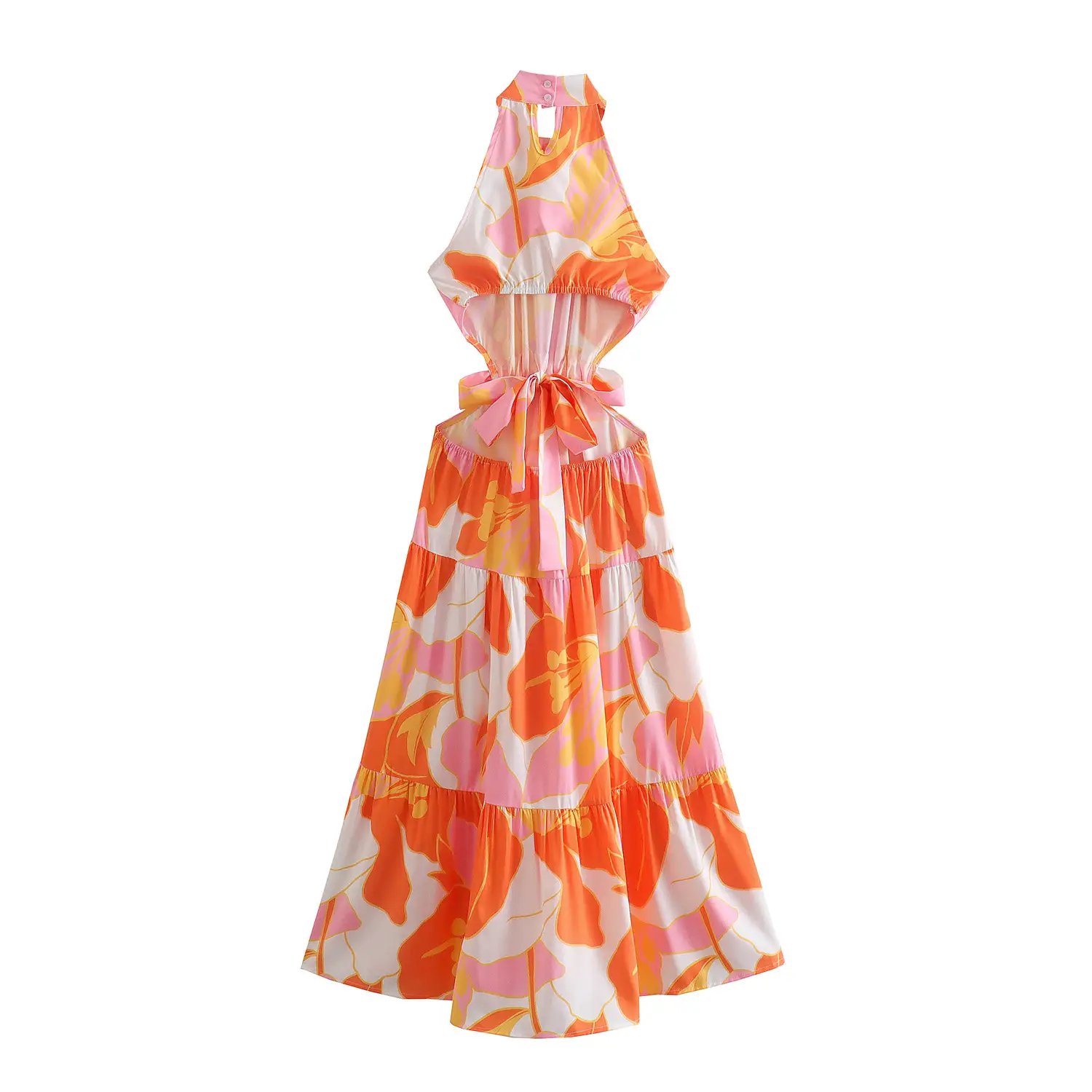 Floral Print Crew Neck Halterneck Bow Long Dress