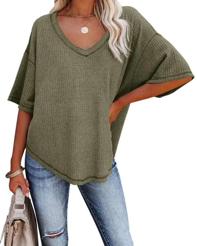 V Neck Bat Sleeve Waffle Knit Loose Olive - Shop at LoveMi