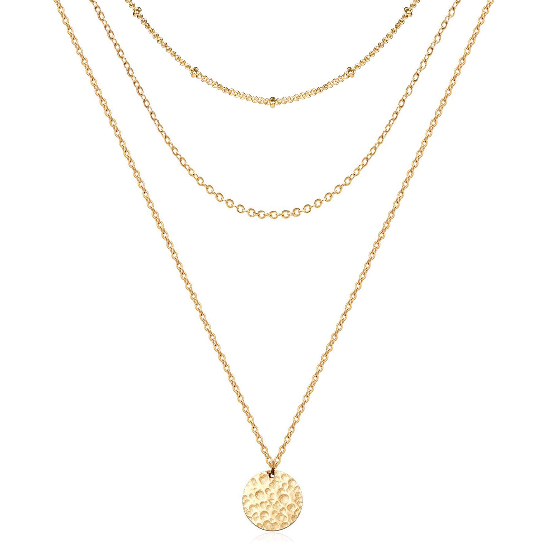 Hammered Coin Layered Necklace Set 14K Real Gold Plated Ball Chain Choker Necklace For Women