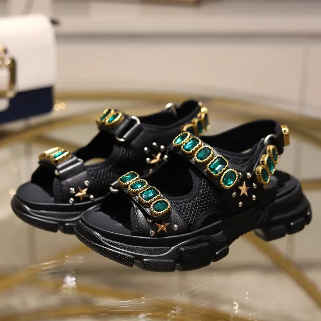 Leather Platform Retro Roman Sandals For Women's Outer Wear Black - Shop at LoveMi