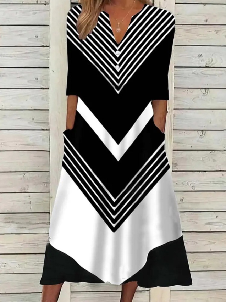 Midi Dress Black And White Striped Half Sleeve Stripes