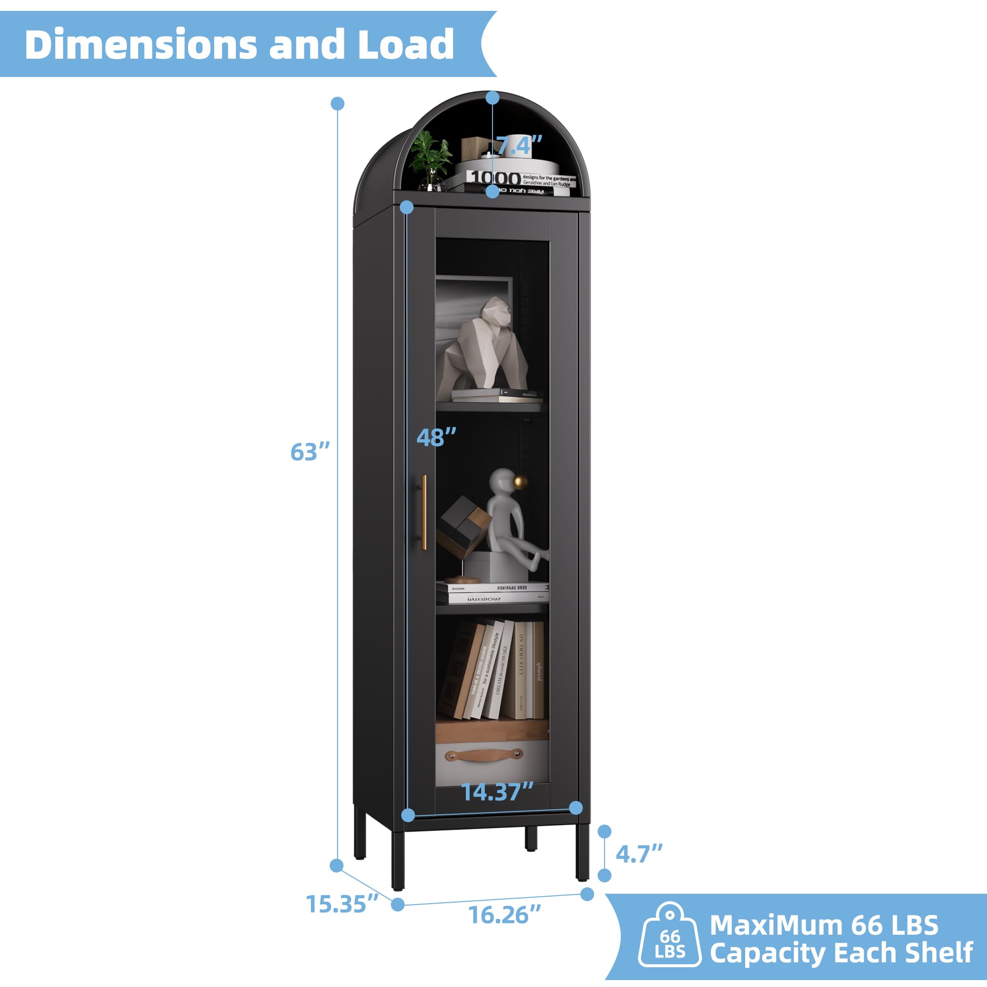 Metal Arched Bookcase Cabinet, Arch Display Storage Cabinet With Glass Doors & 2 Shelves For Living Room, Kitchens,Office, Black, Assembly Required,15.35inch Dx16.26inch Wx63inch H