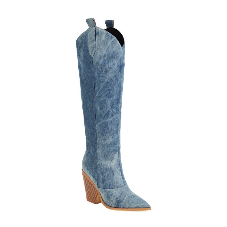 Title 3, Denim Pointed Toe Super Heel High Knee Boots