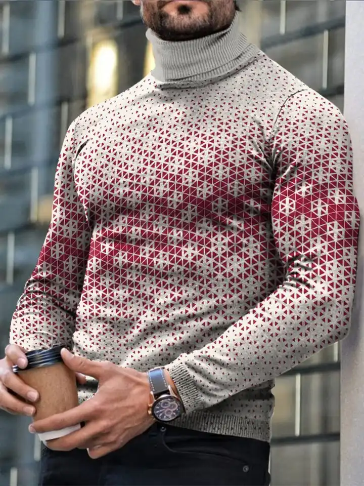 Autumn Winter Men's Long Sleeve Turtleneck T Shirt Printed Casual Top