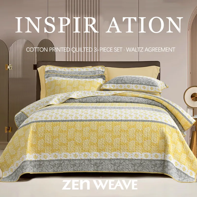 Cotton Printed Quilt Bedspread Set Paisley Medallion