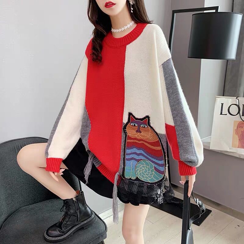 Round Neck Color Block Vintage Sweater Coat