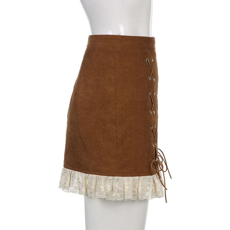 Ladies Fashion Patchwork Tie Corduroy Skirt