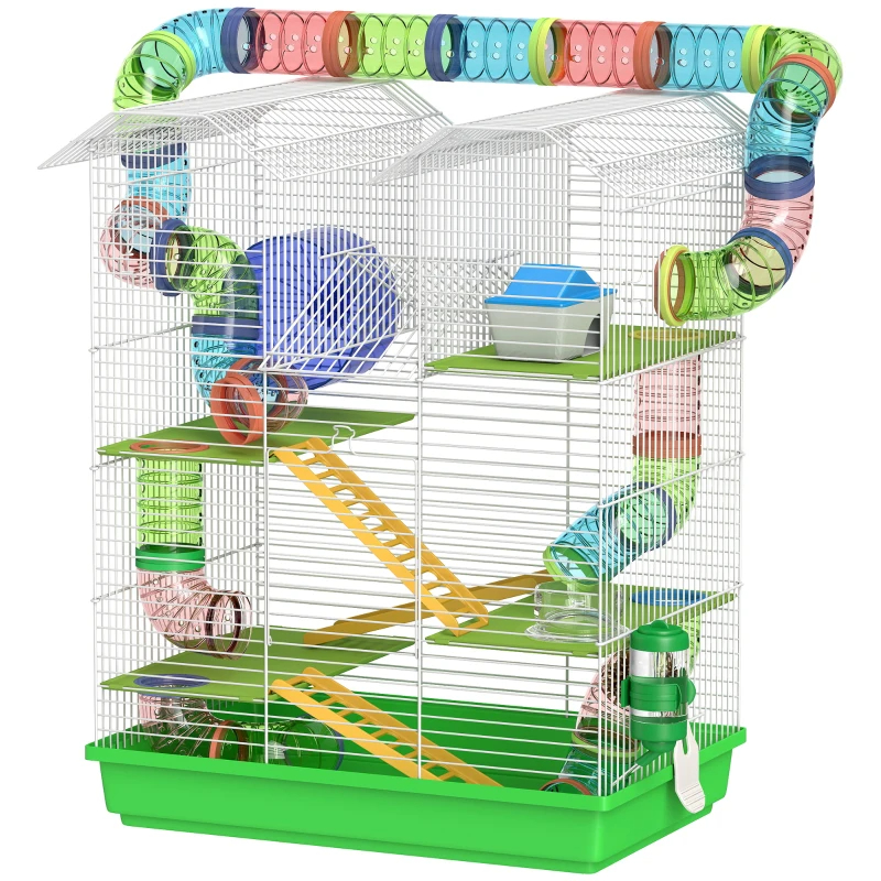 PawHut 5 Tier Hamster Cage With Tubes And Tunnels, Small Animal Cage, Rat Gerbil Cage With Water Bottle, Food Dish, Exercise Wheel, Green