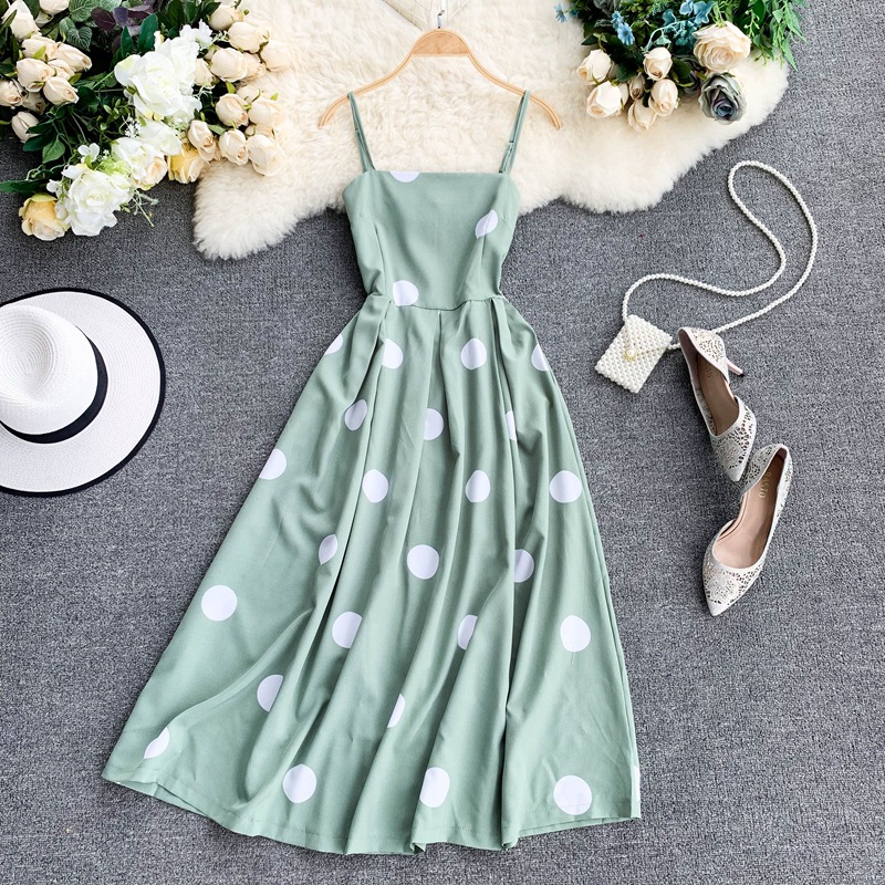 Vintage Polka Summer Dress With Straps Green - Shop at LoveMi