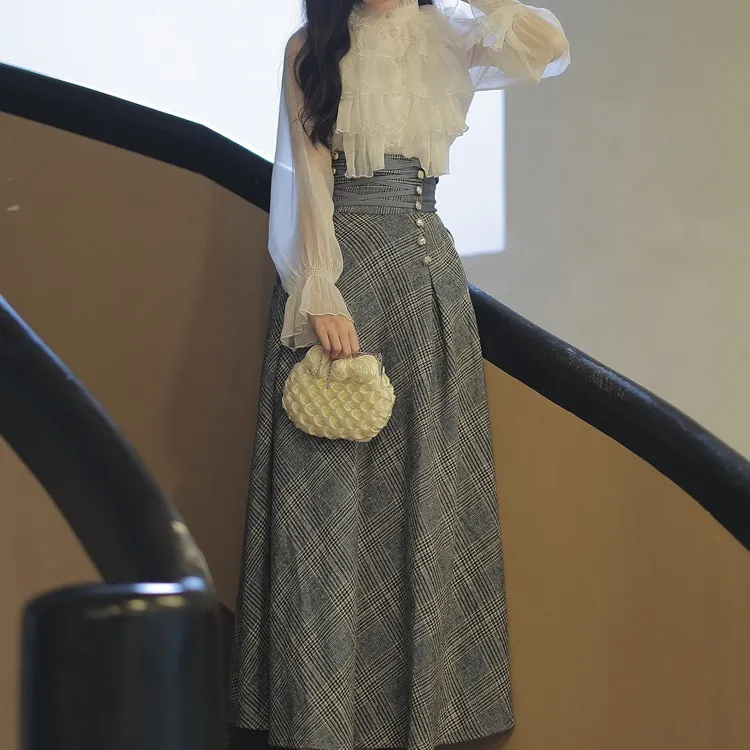 Retro Temperament Woolen Skirt Autumn Two-piece Set - Suit-S