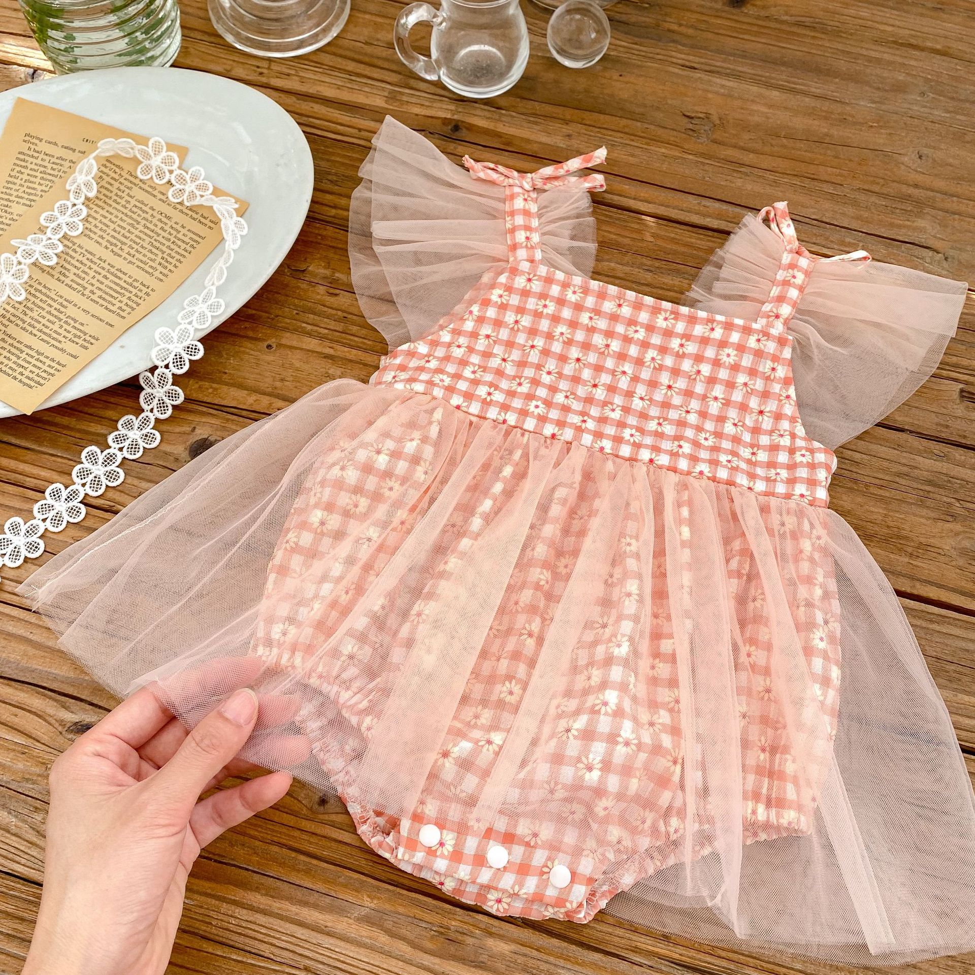 Mesh Fly Sleeved Triangular Romper Skirt