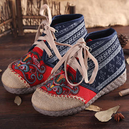 Ethnic Style Embroidered Shoes Lace-up Flat-heel Women's Shoes