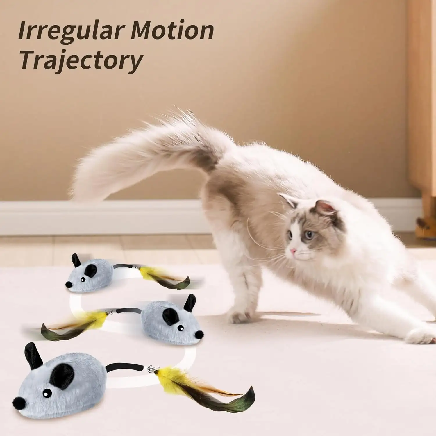 Interactive Cat Toys Mouse For Indoor Cats Rechargeable LED Cat Mouse Toy Feather Bell Tail Lifelike Electric Automatic Moving Mouse Cat Toy For All Breeds Cat 