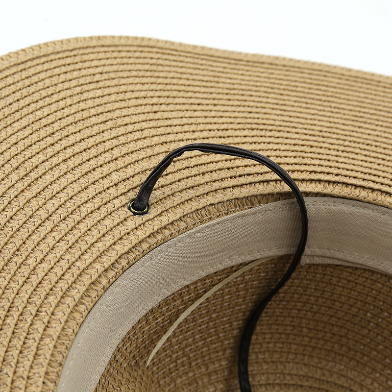 Paper Woven Panama Straw Hat Windproof Rope Flat Big Brim Sunscreen Beach