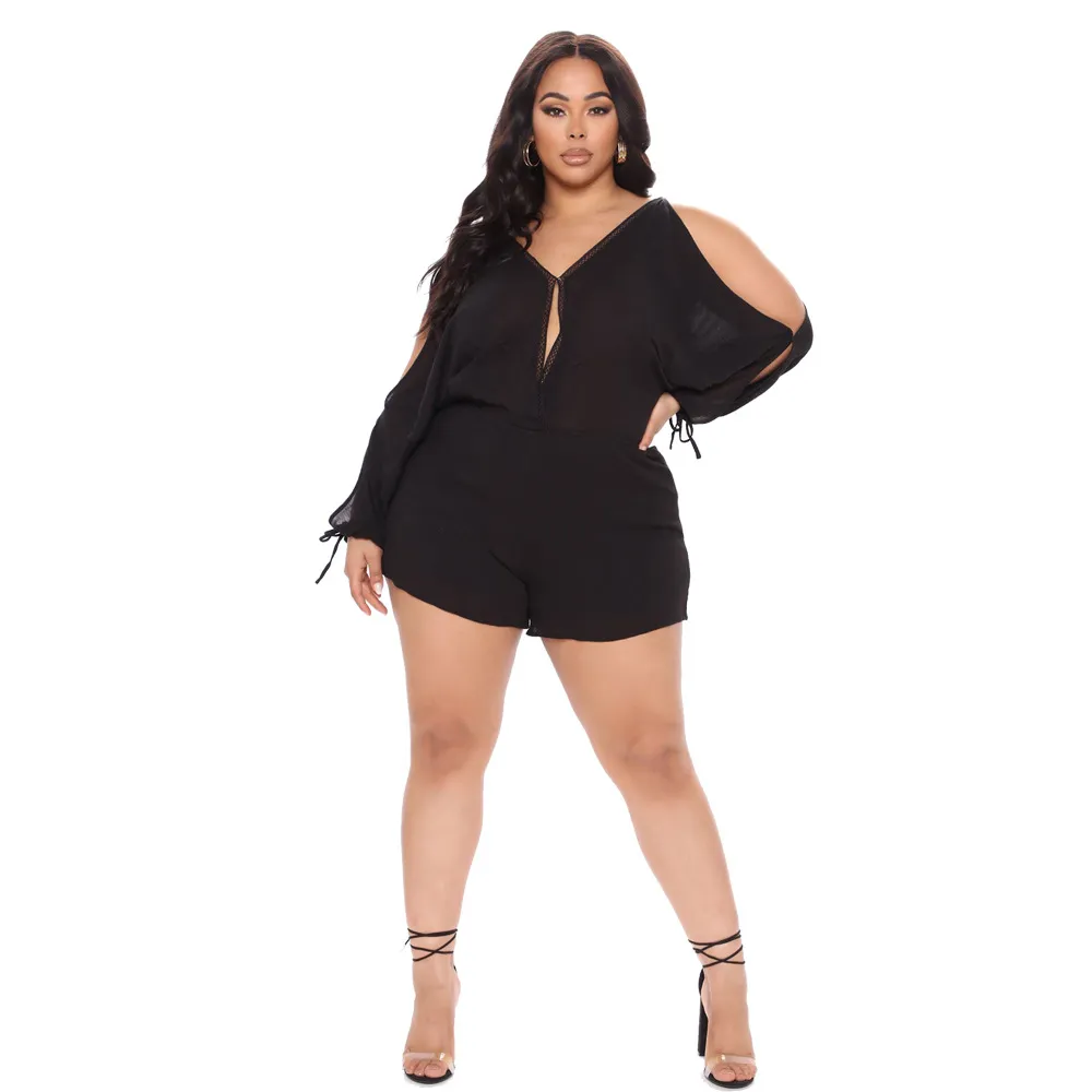 Women's Fashion Casual Solid Colour V-Neck Doll Sleeve Jumpsuit - Black
